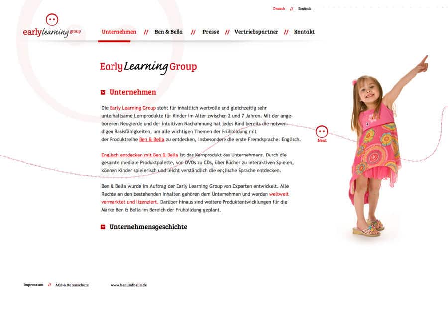 Konzept, Webdesign, Click and Scroll Webseite Early Learning Group